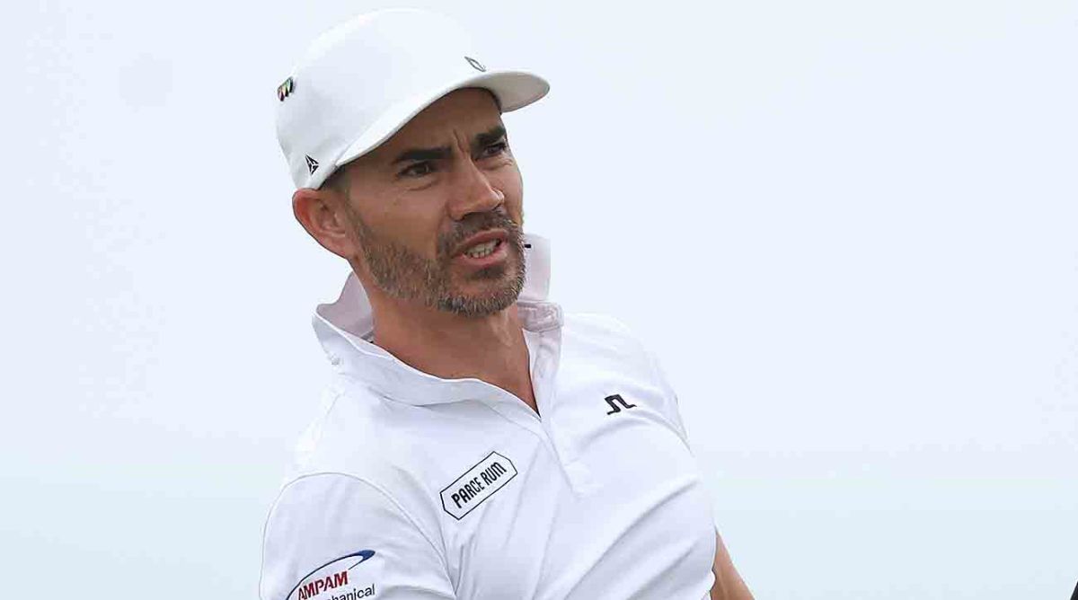 Camilo Villegas of Colombia plays his shot from the 9th tee during the final round of the Butterfield Bermuda Championship at Port Royal Golf Course on Nov. 12, 2023 in Southampton, Bermuda.