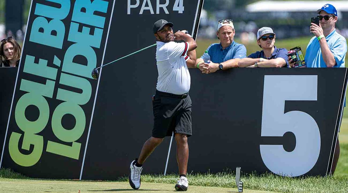 Harold Varner watches a tee shot at the 2023 LIV Golf Washington, D.C. event.