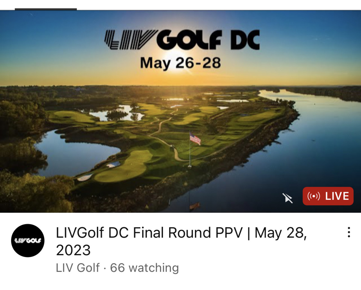 A snip of a YouTube home screen is shown of the LIV Golf pay-per-view late in the final round of the 2023 Washington, D.C. event.