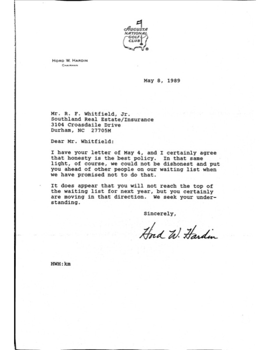 The 1989 letter written from Augusta National Golf Club chairman Hord Hardin to Buddy Whitfield. 