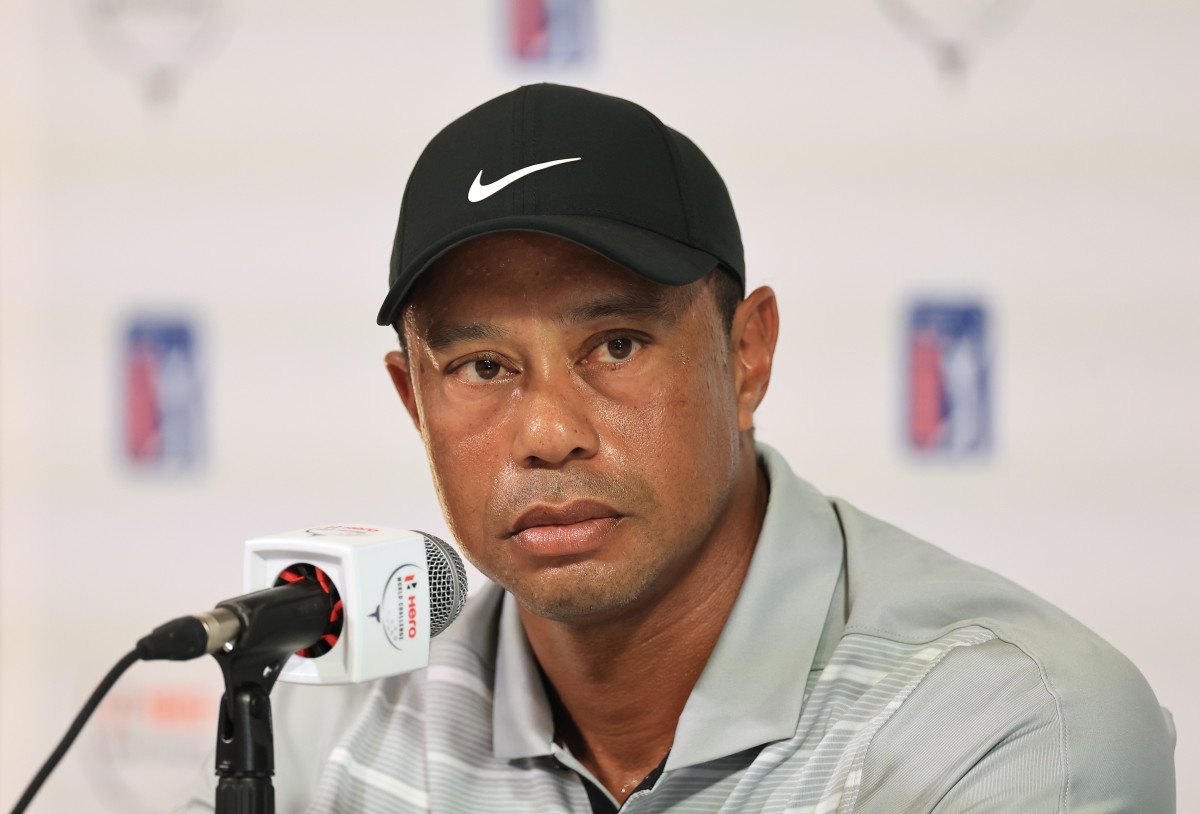 Tiger Woods of The United States speaks to the media during his pre-tournament media conference prior to the Hero World Challenge at Albany Golf Course on November 28, 2023 in Nassau.