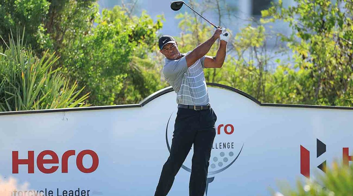 Tiger Woods hits a driver on the course during practice as a preview for the Hero World Challenge at Albany Golf Course on Nov. 28, 2023 in Nassau, Bahamas.