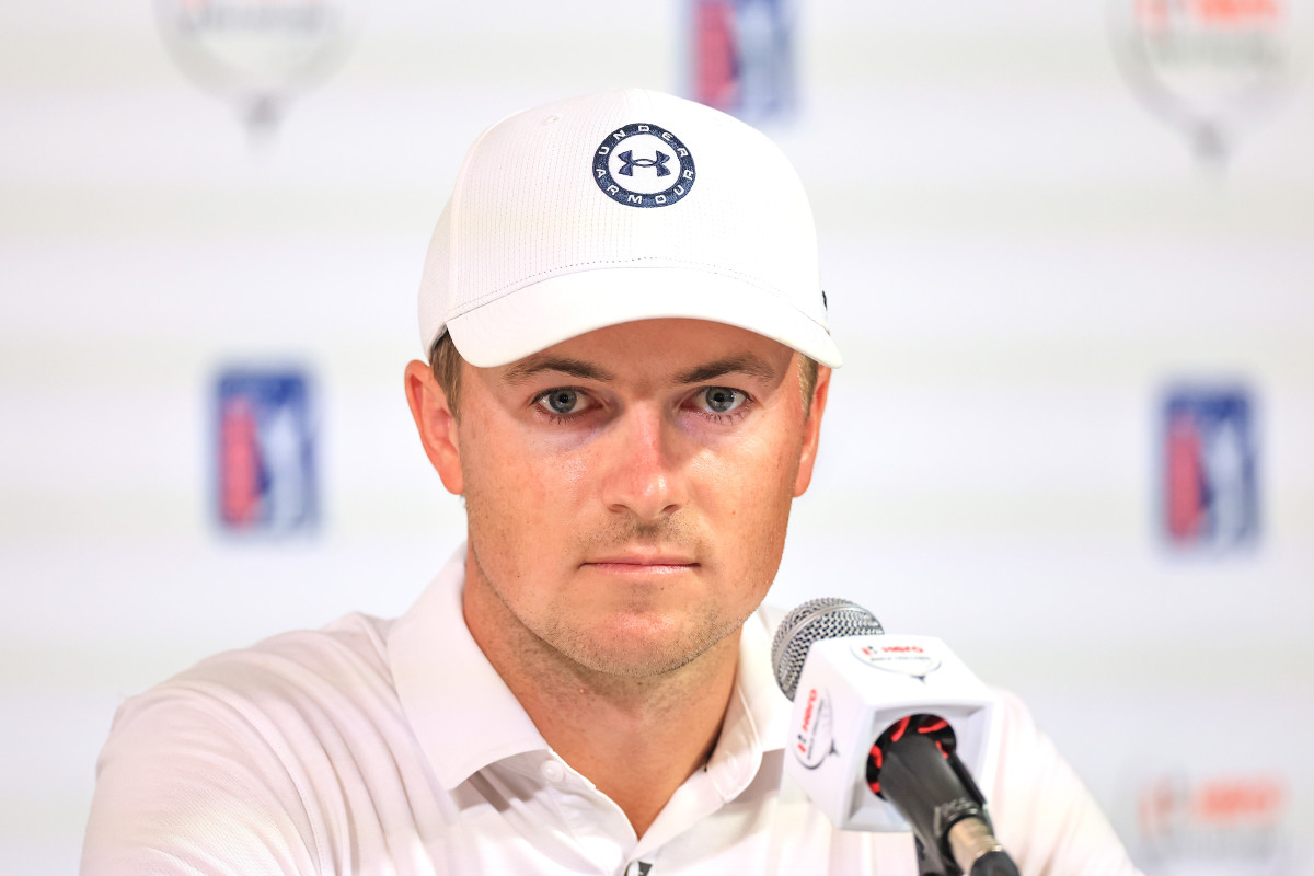 Jordan Spieth of The United States speaks to the media during his pre-tournament media conference prior to the Hero World Challenge at Albany Golf Course on November 28, 2023 in Nassau.