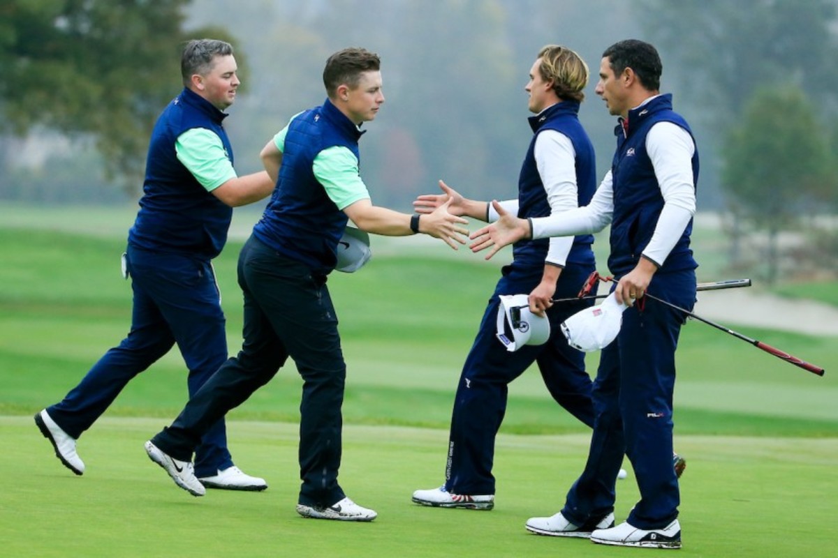 Before coronavirus upended our world, Caolan Rafferty (from left) and teammate Conor Purcell of the Golfing Union of Ireland instinctively remove their caps and shake hands with Met Golf Association opponents James Nicholas and Joe Saladino in the 2019 Carey Challenge Cup in Paramus, N.J. The former routine gesture of sportsmanship could go the way of the curtsy.