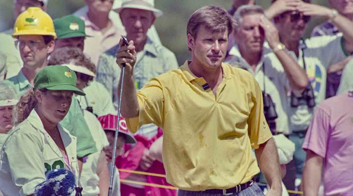 Nick Faldo and caddie Fanny Sunesson are pictured at the 1992 Masters.