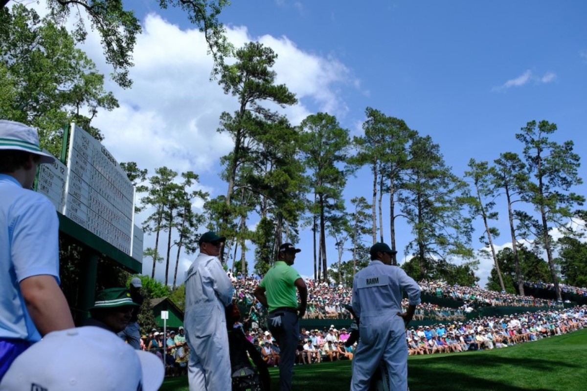 The leaderboard directly behind Jon Rham during the first round of the 2019 Masters at Augusta National Golf Club gives players a clear understanding of where they stand.