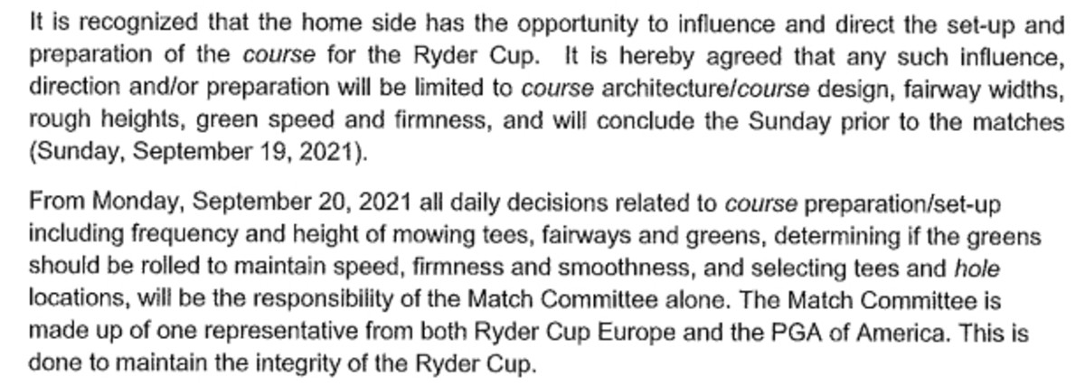Ryder Cup course conditions, taken from the captain's agreement.