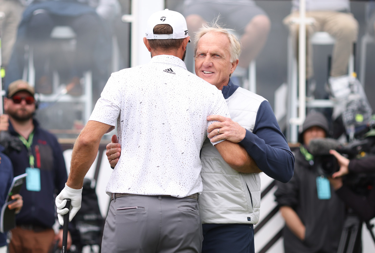 Greg Norman, CEO and commissioner of LIV Golf, welcomed Dustin Johnson on Day One of the Invitational Series at Centurion Club outside London.