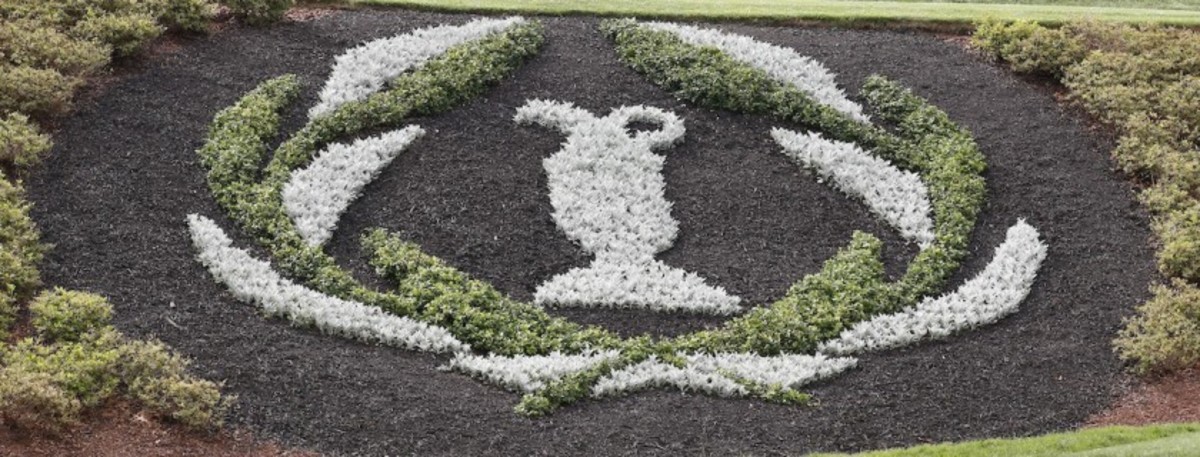 Landscaping at Muirfield Village Golf Club takes the shape of the Memorial Tournament's trophy.