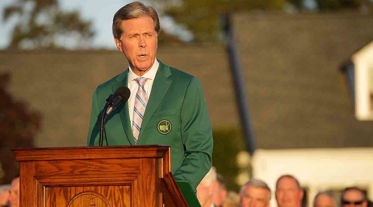 Fred Ridley speaks at the 2022 green jacket ceremony for winner Scottie Scheffler.