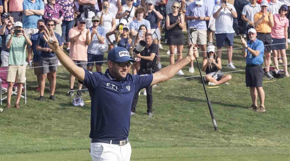 Corey Conners celebrates after winning the 2023 Valero Texas Open.