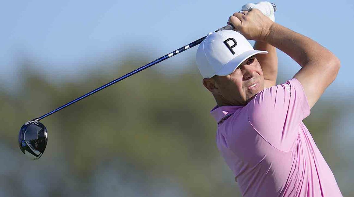 Gary Woodland watches a drive at the 2023 Farmers Insurance Open.