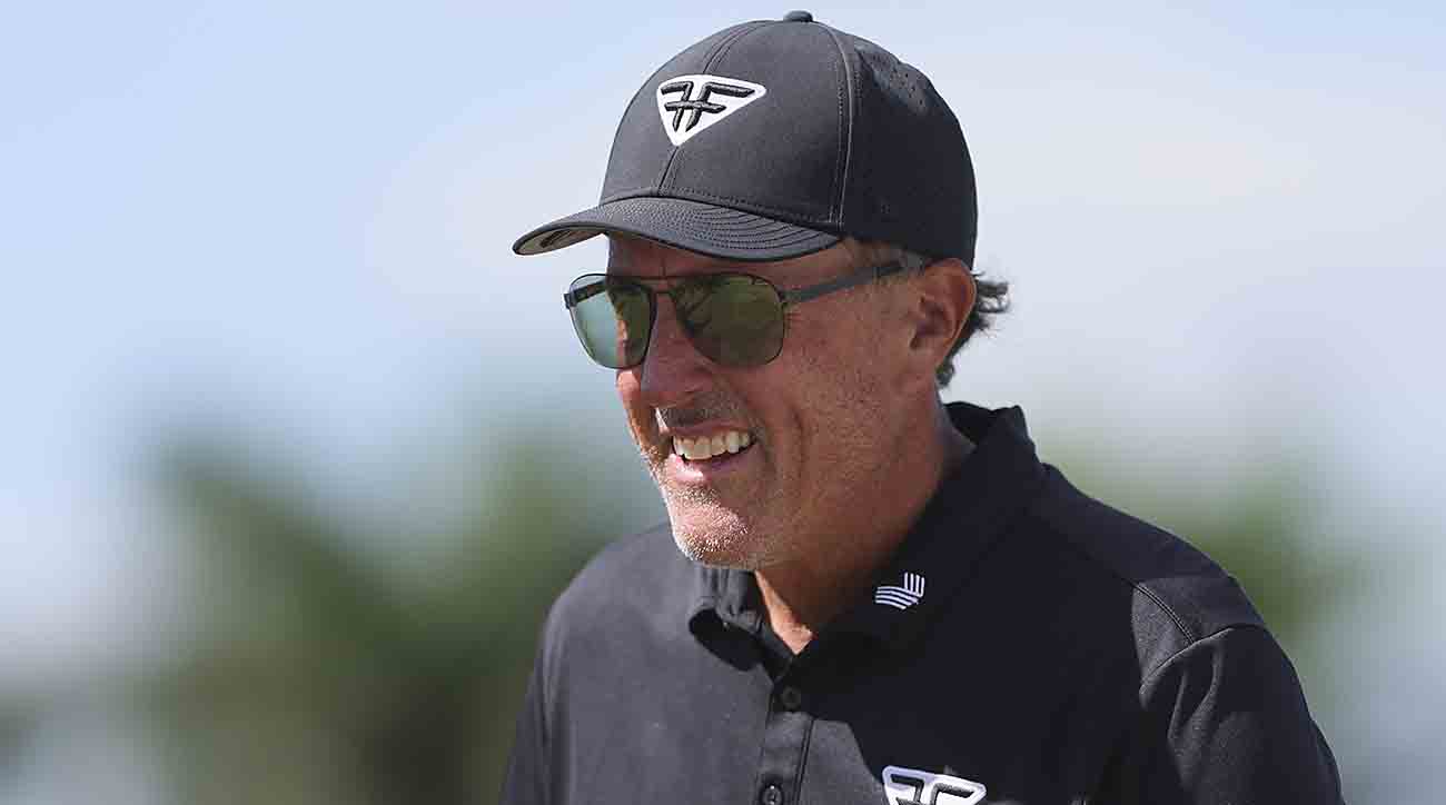 Phil Mickelson looks on during the second round of the 2023 LIV Golf Miami tournament at Trump National Doral.