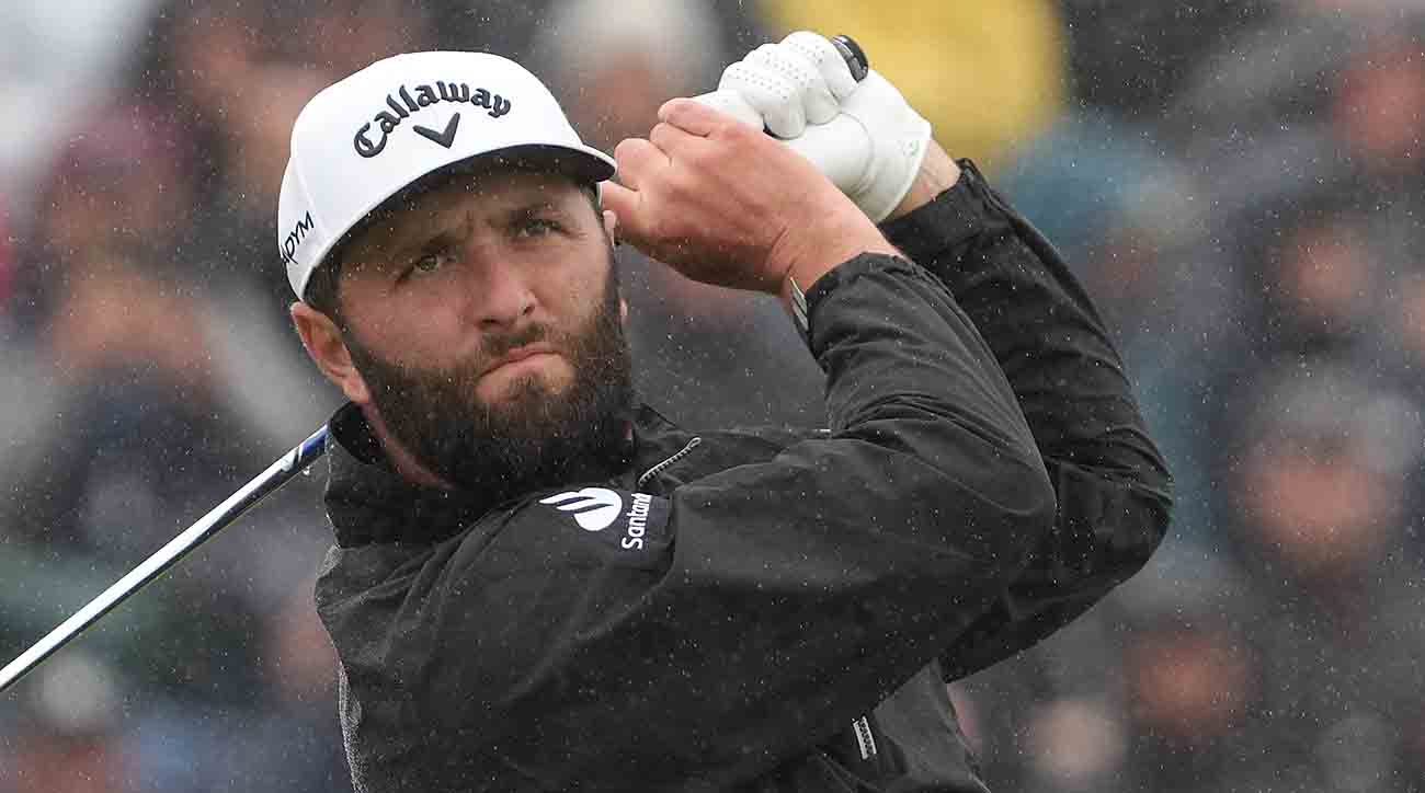 Jon Rahm plays his shot from the fourth tee during the final round of the 2023 British Open.