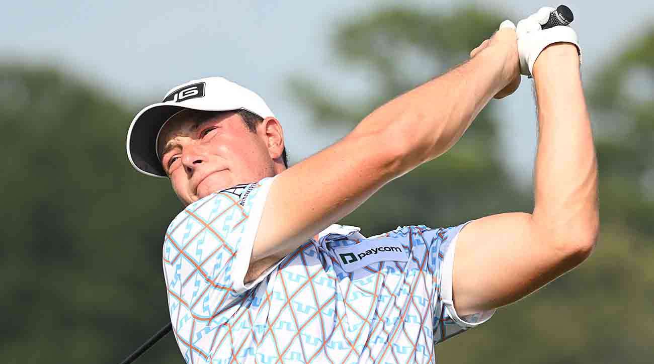 Viktor Hovland tees off during the first round of the 2023 Tour Championship at East Lake Golf Club in Atlanta.