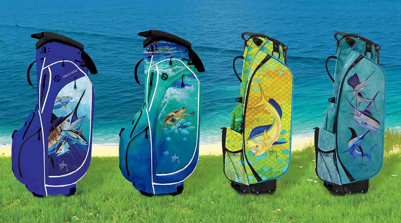 Orca Golf bags featuring art from marine artist/conservationist Guy Harvey.