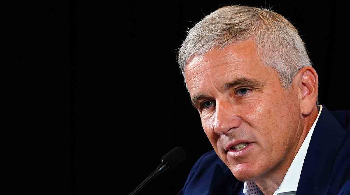 PGA Tour commissioner Jay Monahan addresses the media during a press conference at East Lake Golf Club prior to the 2023 Tour Championship.