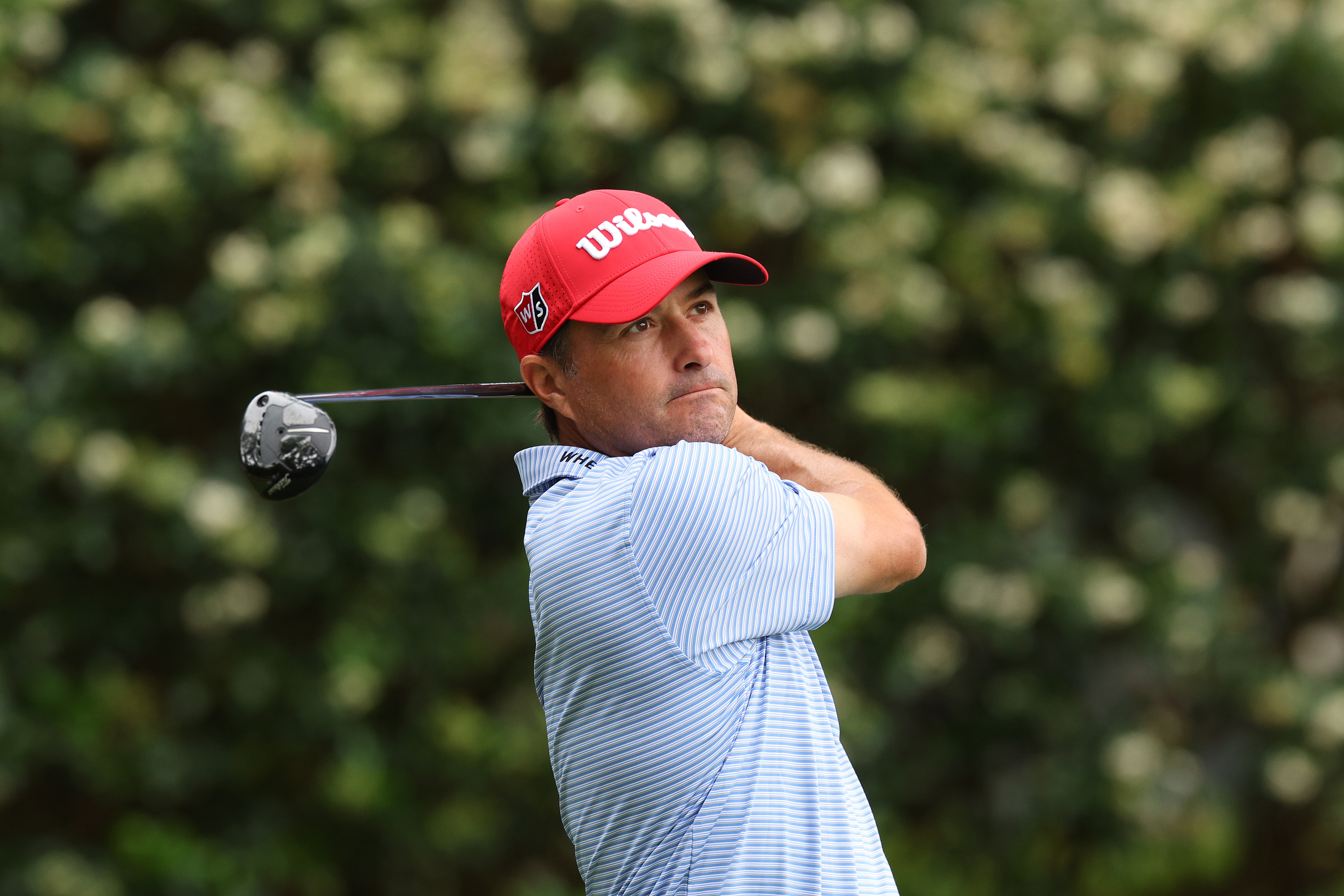 Kevin Kisner of the United States plays his shot from the sixth tee during the first round of the RBC Heritage at Harbour Town Golf Links on April 13, 2023 in Hilton Head Island, South Carolina.