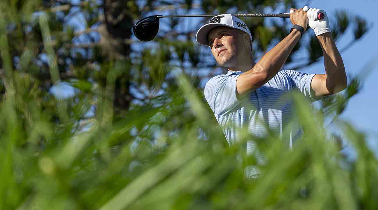 Eric Cole hits a tee shot during the final round of the 2023 Sentry golf tournament at Kapalua.