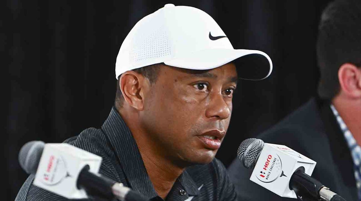 Tiger Woods speaks to media at the 2022 Hero World Challenge in Nassau, New Providence, Bahamas.