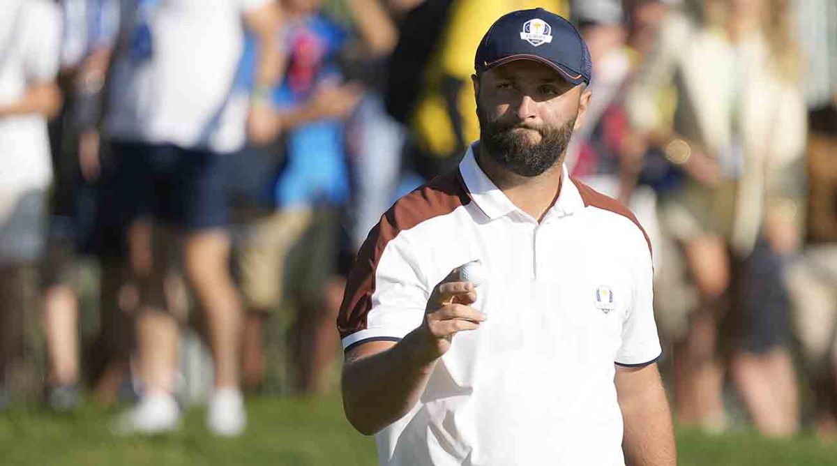 Europe's Jon Rahm celebrates on the 5th green during his morning foursomes match at the 2023 Ryder Cup.