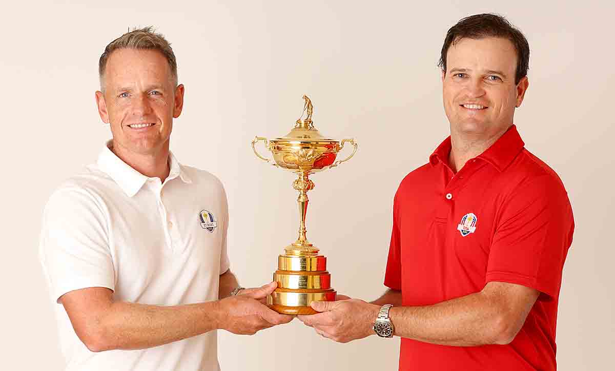 Team Captains Luke Donald of England and Zach Johnson of The United States pose for a photograph with the Ryder Cup Trophy during the Ryder Cup 2023 Year to Go Media Event on Oct. 4, 2022 in Rome, Italy.