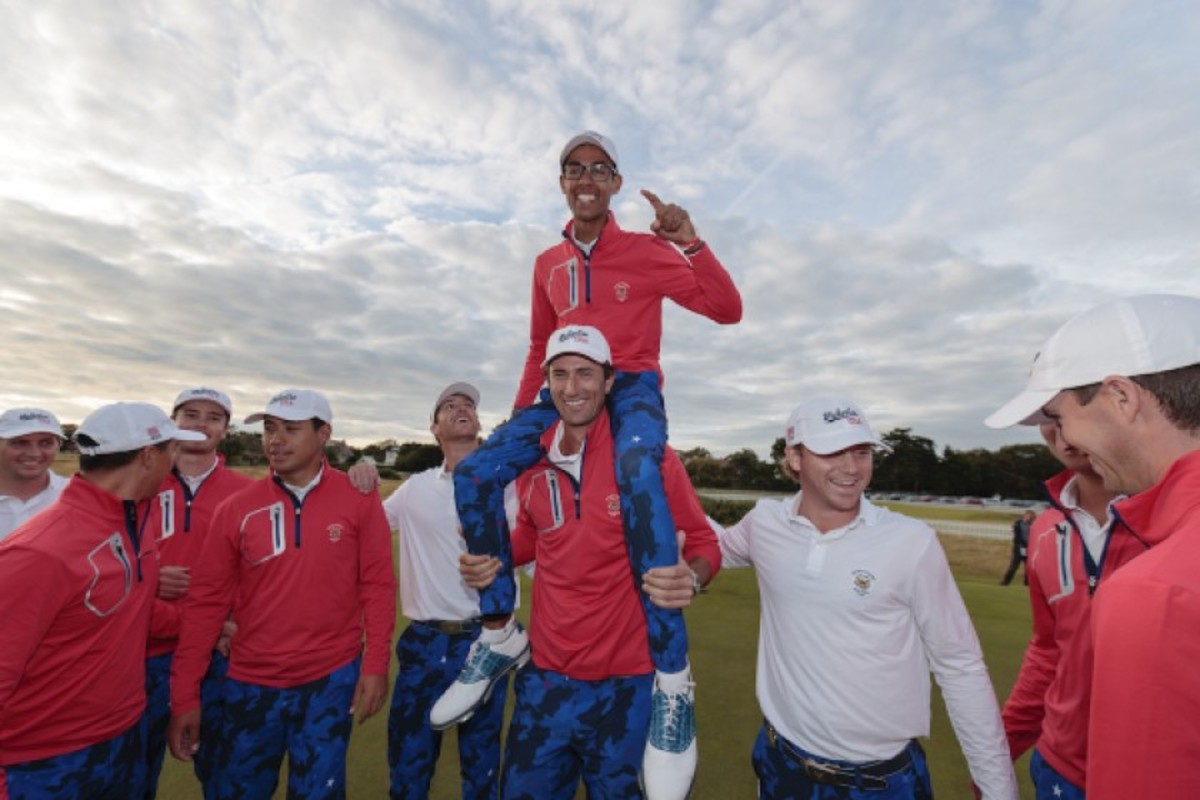 It was a sight to be seen, but not on live TV as Akshay Bhatia celebrates on the shoulders of Stewart Hagestad while their American teammates soak up a comeback victory Sunday at the Walker Cup.