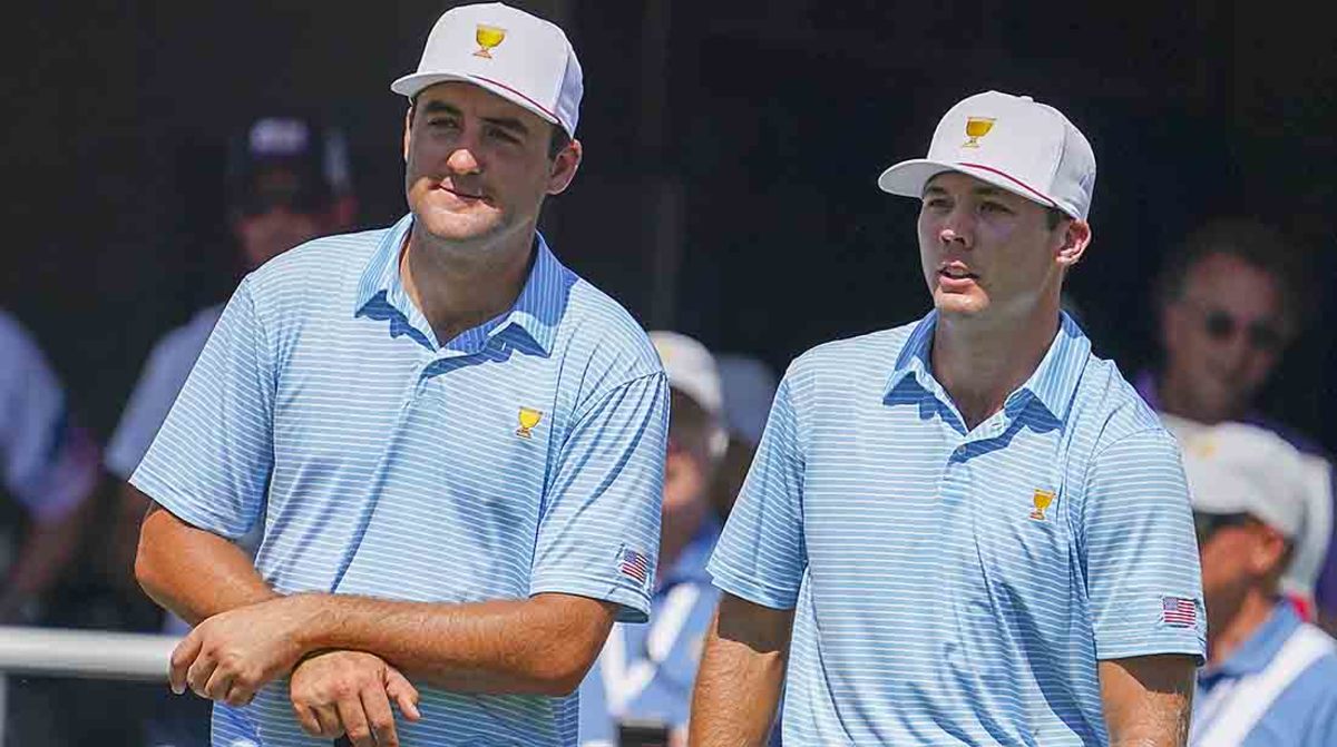 Teammates Scottie Scheffler and Sam Burns are pictured in Day 1 of the 2022 Presidents Cup.