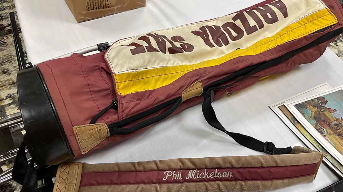 A vintage Arizona State golf bag owned by Phil Mickelson is pictured at the 2022 Golf Heritage Society trade show.