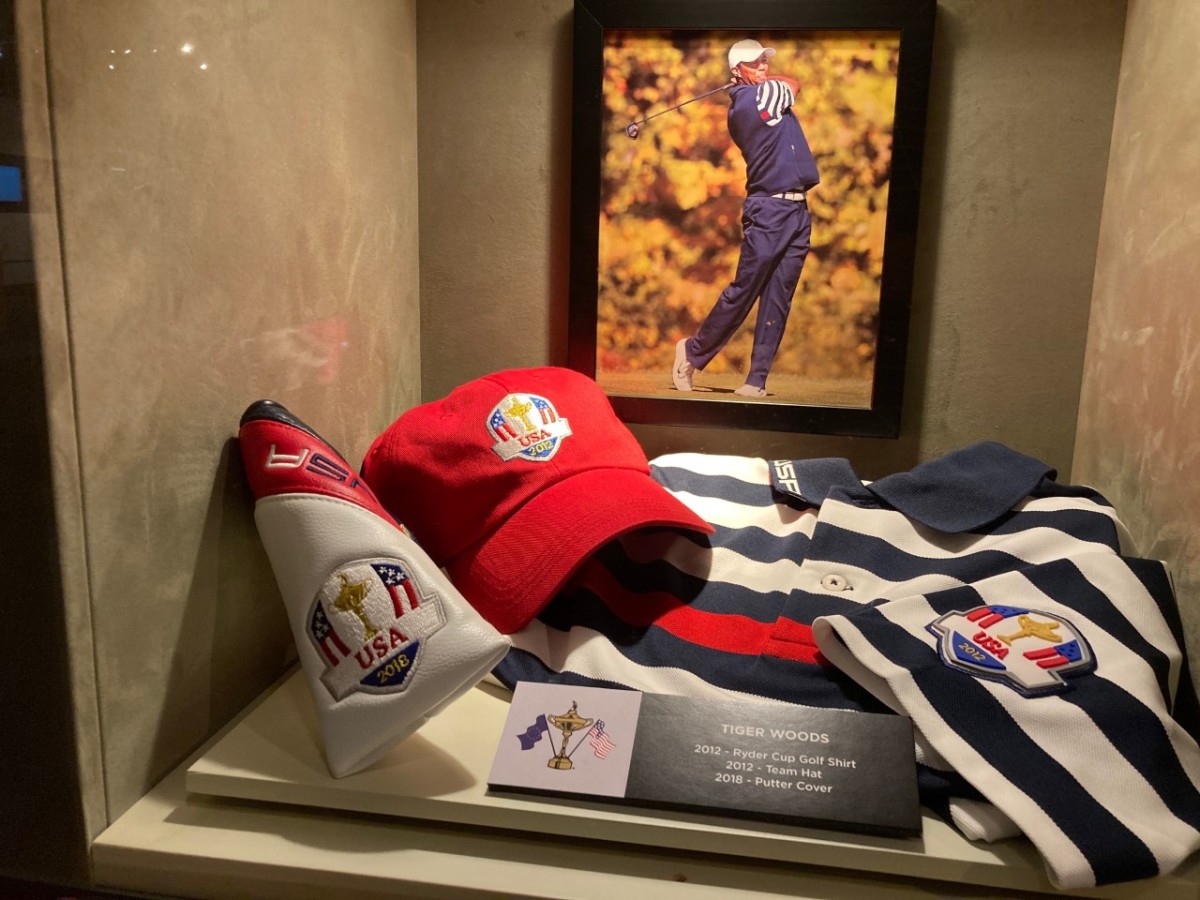 Tiger Woods has two Ryder Cup displays, including one that features clothing from the 2012 matches. 