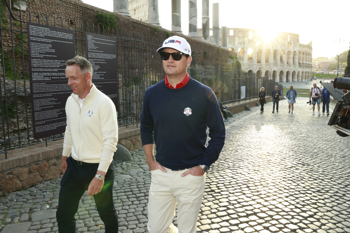 Team Captains Luke Donald of England and Zach Johnson of The United States arrive at the Colosseum during the Ryder Cup 2023 Year to Go Media Event on October 04, 2022 in Rome.