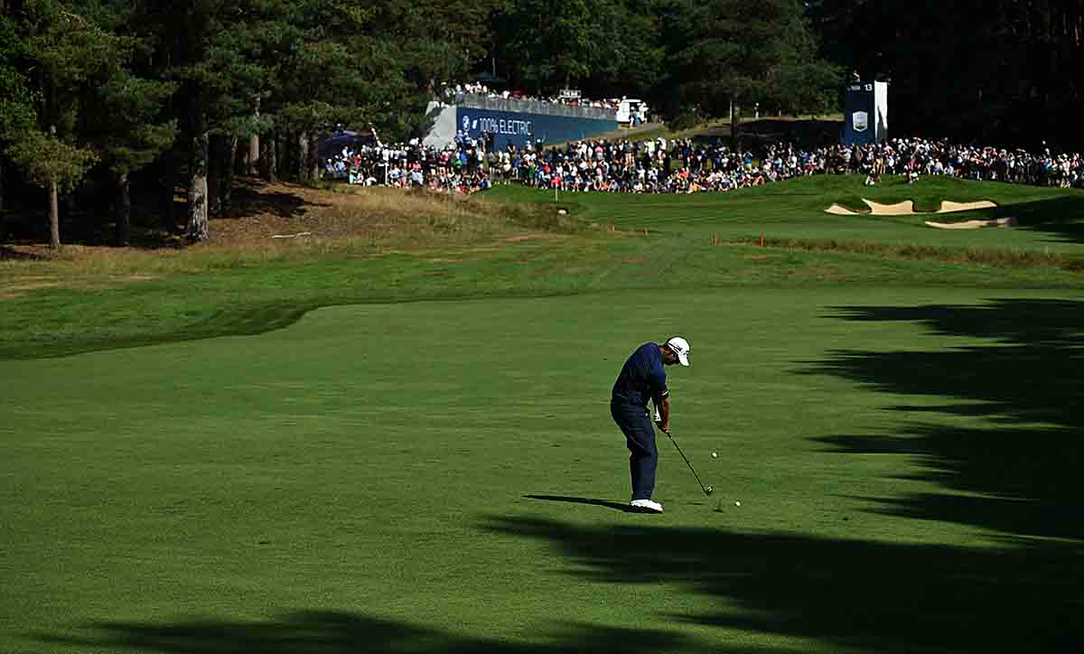 Ireland's Padraig Harrington plays a shot from the 13th fairway on day one of the 2023 BMW PGA Championship at Wentworth Golf Club.