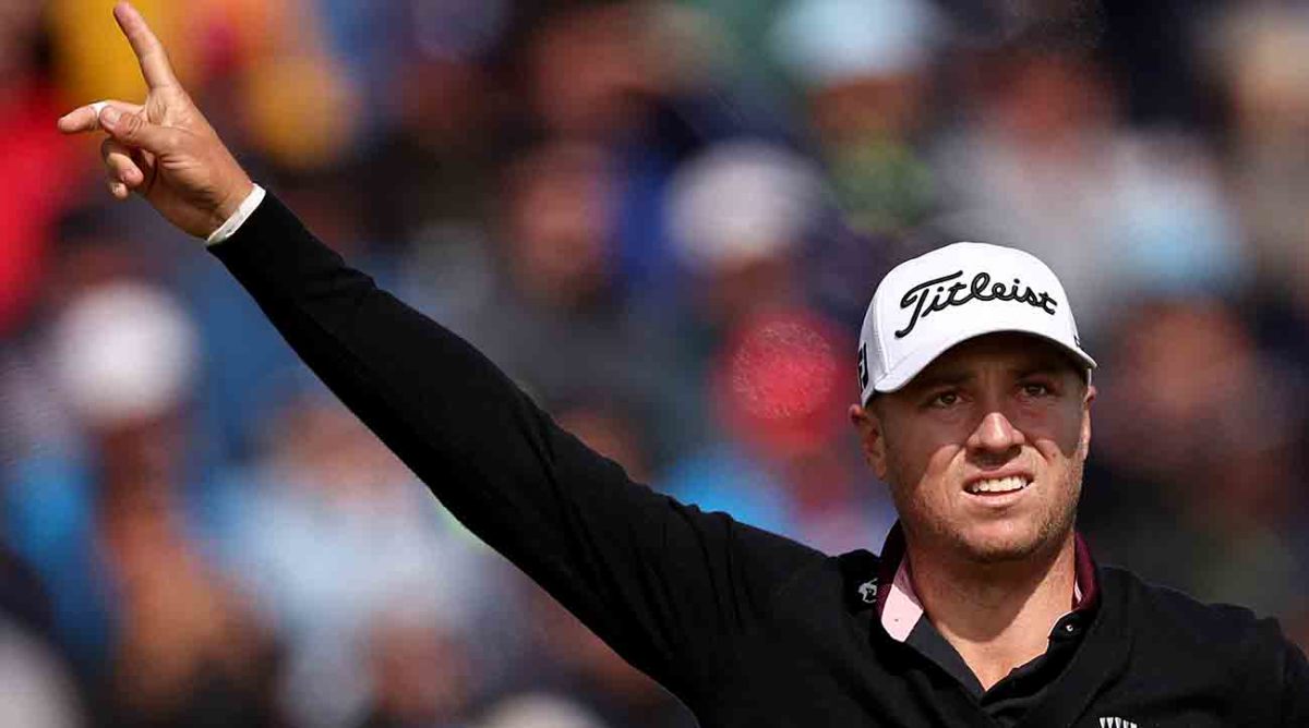 Justin Thomas gestures after teeing off on the 4th hole in the second round of the 2023 British Open.