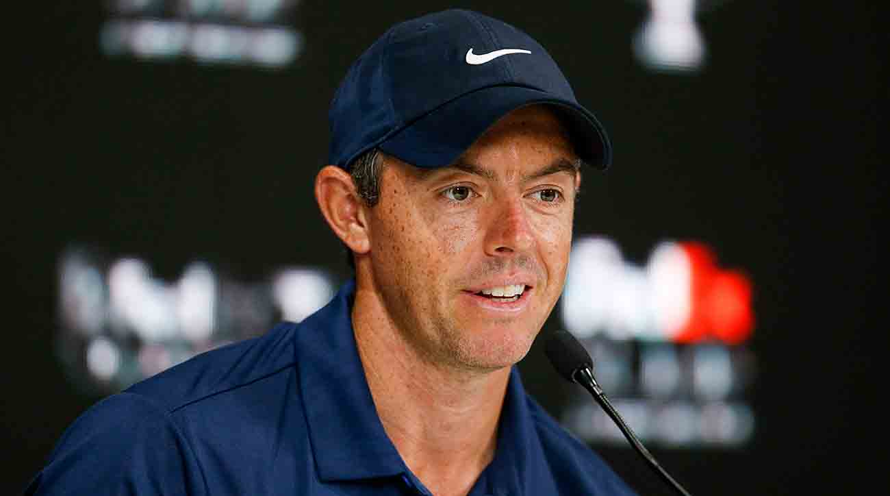Rory McIlroy answers questions from the media during the 2023 FedEx St. Jude Championship pro-am at TPC Southwind in Memphis, Tenn.