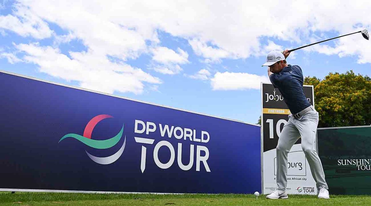 Frederic Lacroix of France plays a shot in front of the newly branded DP World Tour sign during a practice round prior to the 2021 JOBURG Open in South Africa.