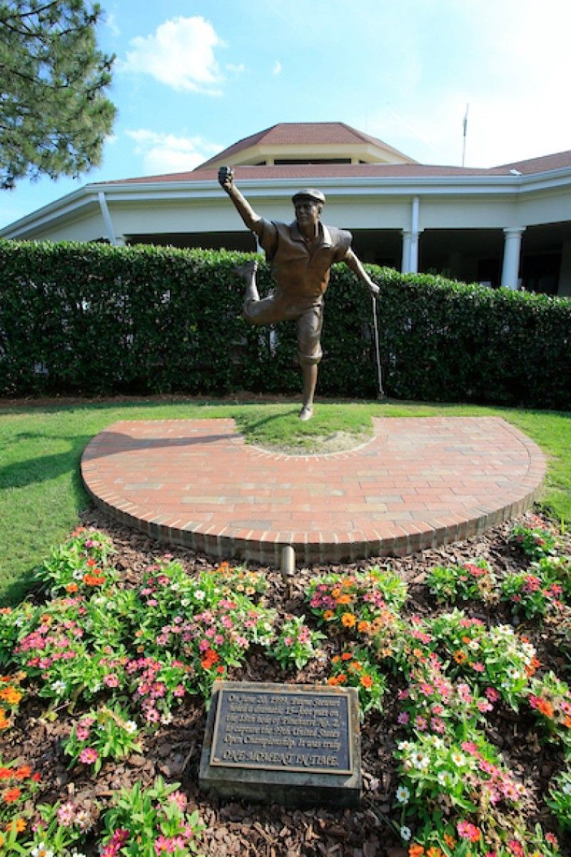 A bronze statue of the late Payne Stewart, with his iconic pose upon holing the clinching putt at the 1999 U.S. Open, stands at the entrance to Pinehurst (N.C.) Resort.