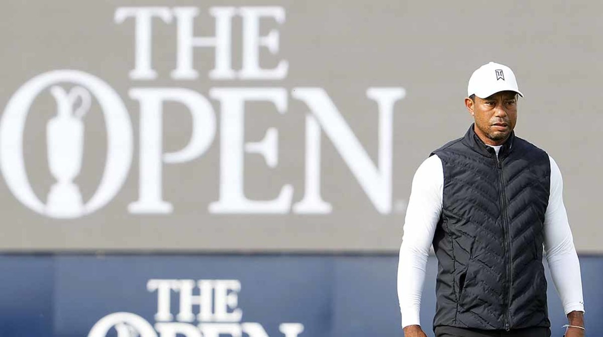 Tiger Woods is shown practicing at the Old Course prior to the 2022 British Open.