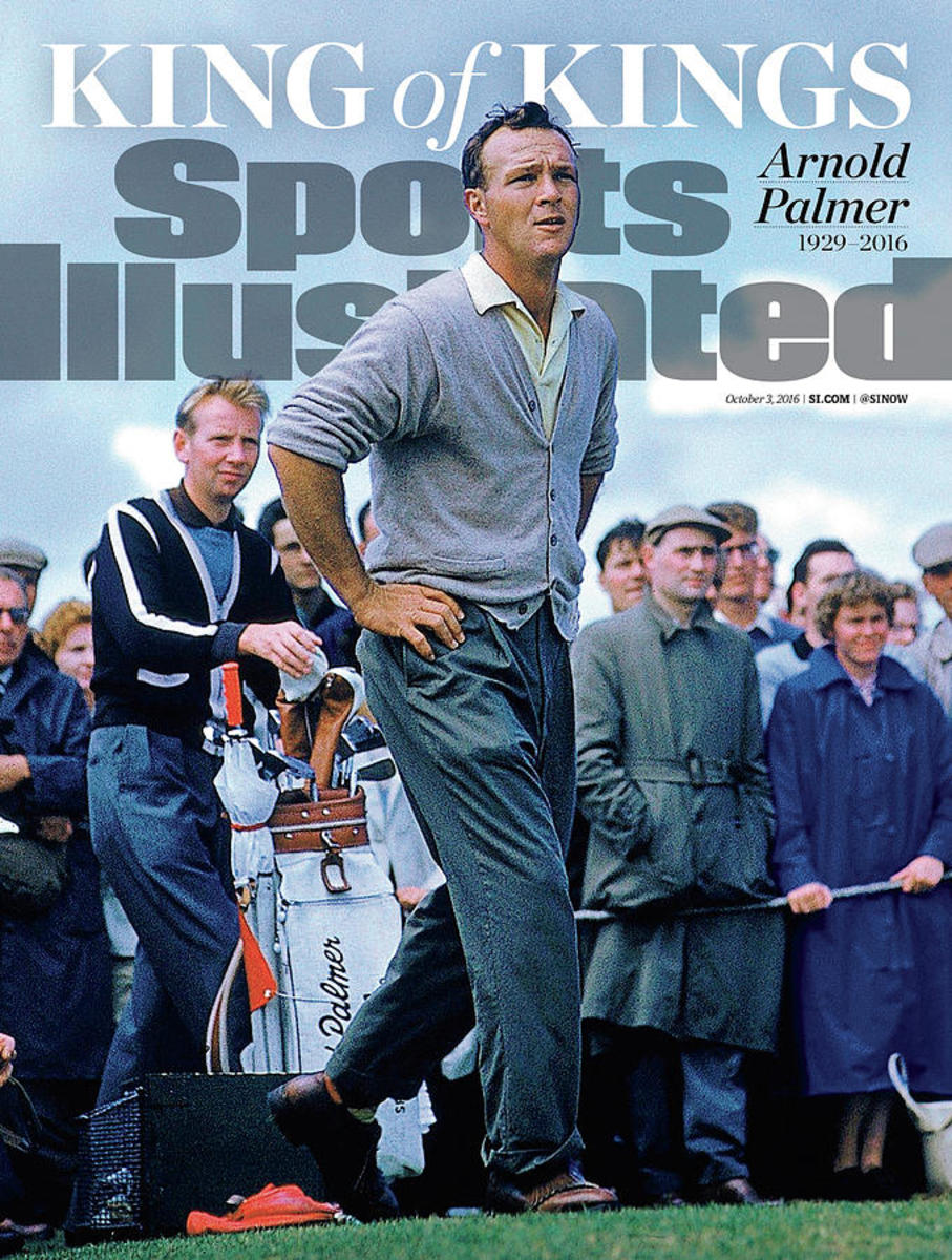 Arnold Palmer is pictured on a 2016 cover of Sports Illustrated with a photo from the 1960 British Open at St. Andrews.