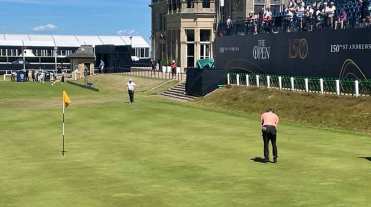 Tiger Woods drove the 18th green at St. Andrews on Sunday in a British Open practice round.