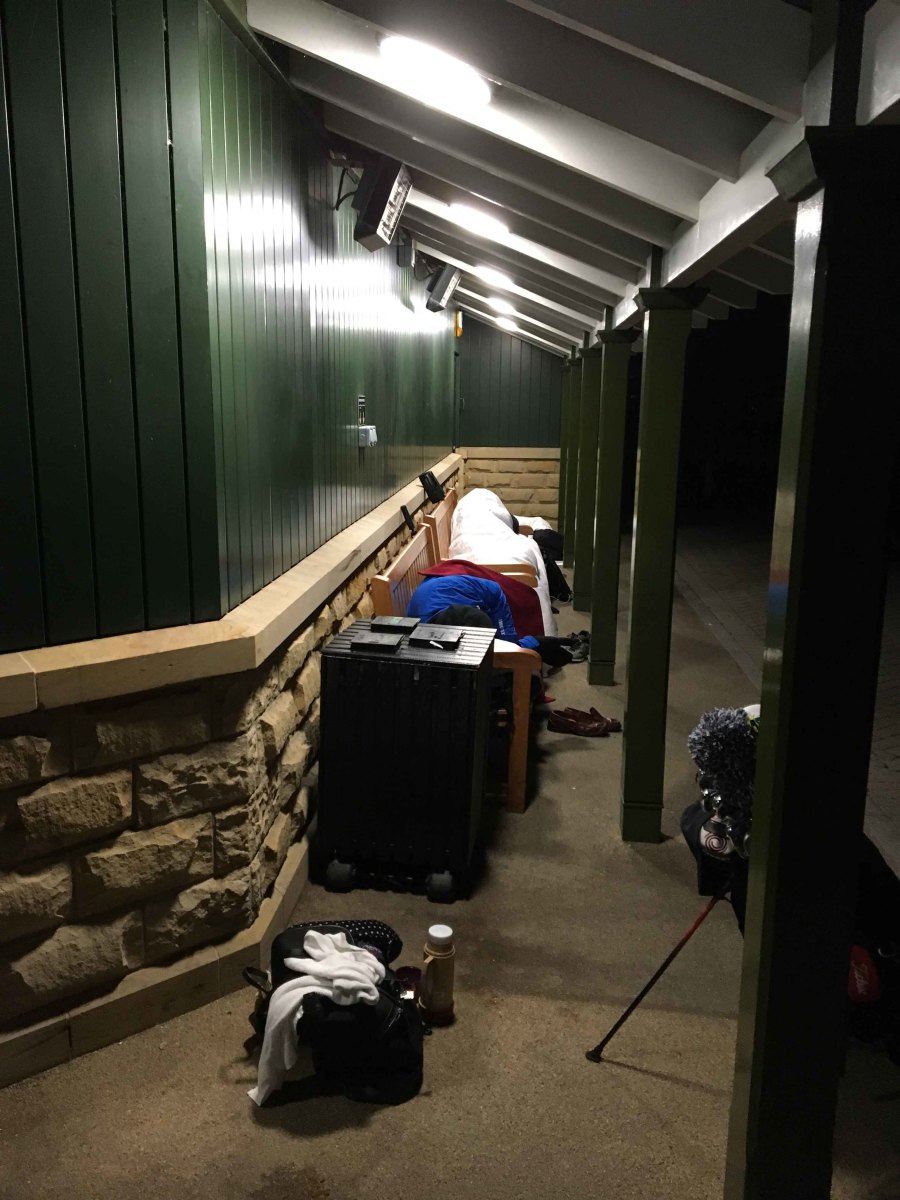 Some golfers waiting out single spots on The Old Course in St. Andrews, Scotland, make a full night of it.