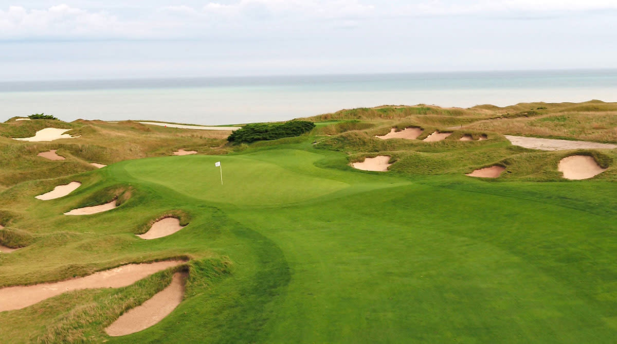The first green at Whistling Straits. The par-4 1st hole will play shorter than in the 2015 PGA Championship and might be reachable for the longest hitters, if the wind blows with just right. 