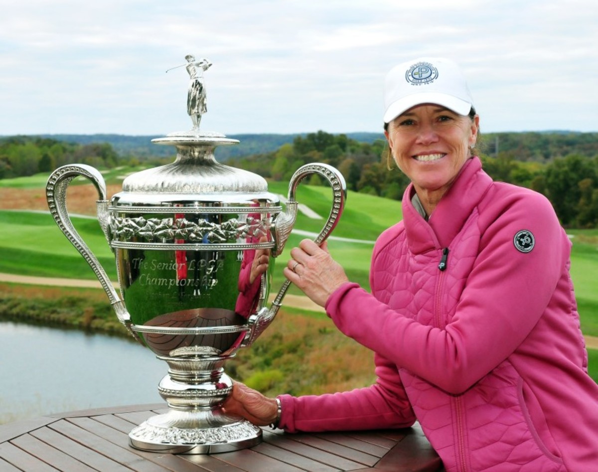 Sweden’s Helen Alfredsson wraps up her 2nd senior major of the year, claiming the Senior LPGA Championship trophy Wednesday at French Lick (Ind.) Resort.