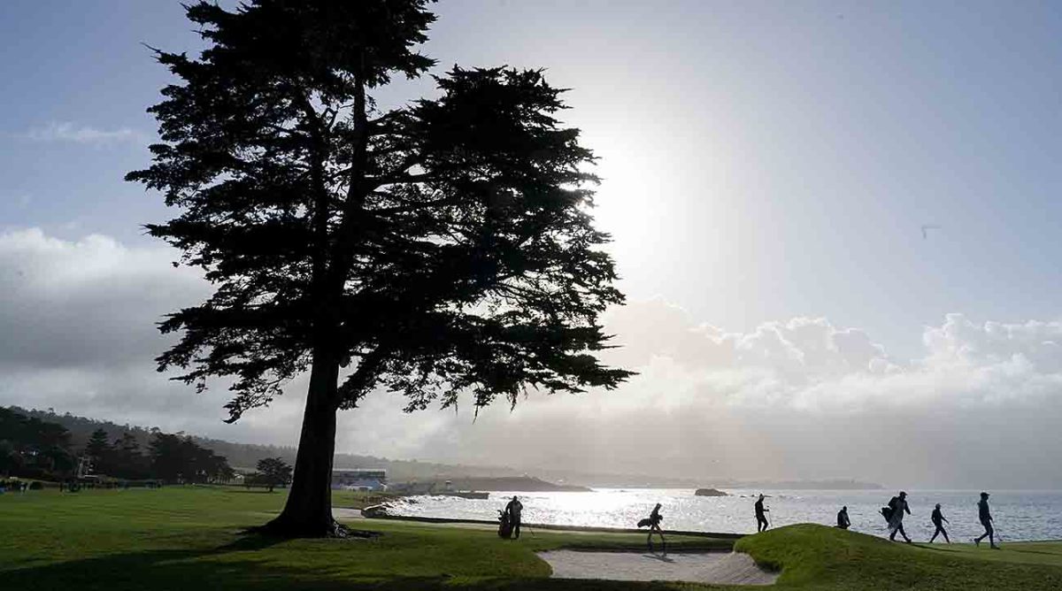 The 18th hole at Pebble Beach is pictured during the 2023 AT&T Pebble Beach Pro-Am.
