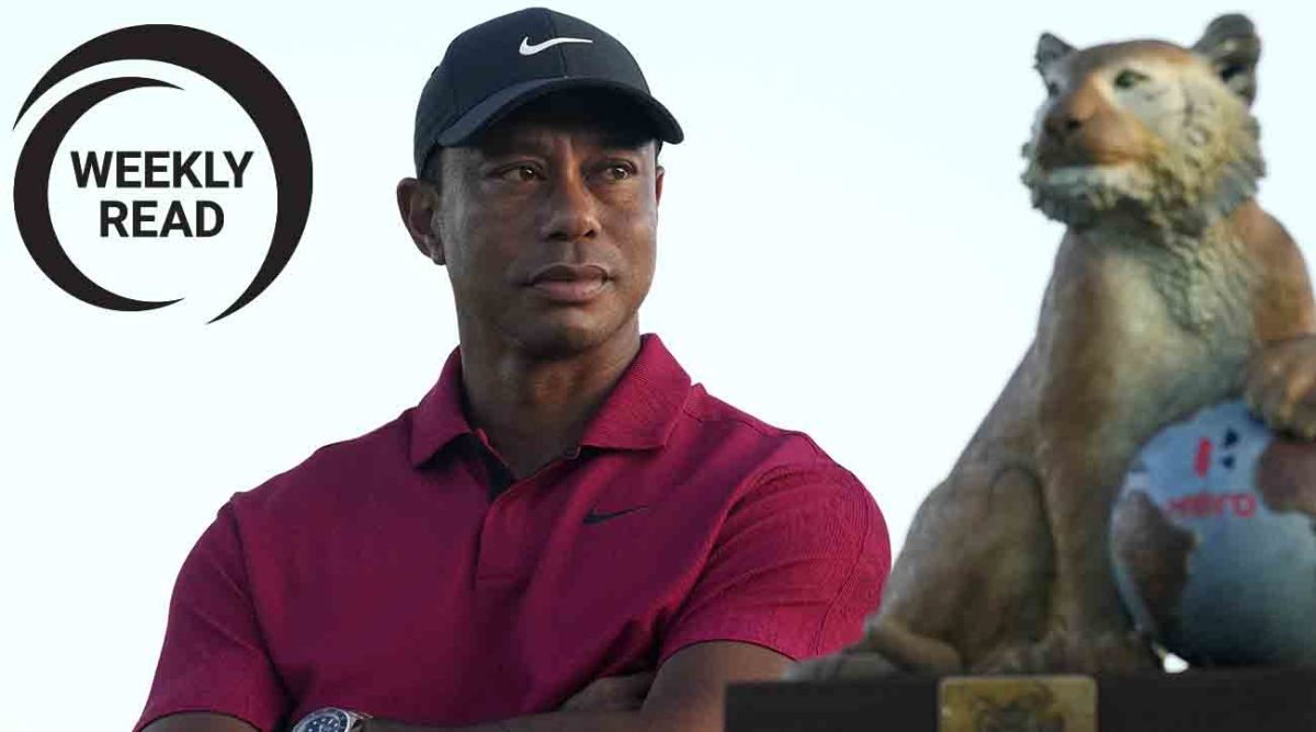 Tiger Woods is pictured at the 2022 Hero World Challenge along with the Weekly Read logo.