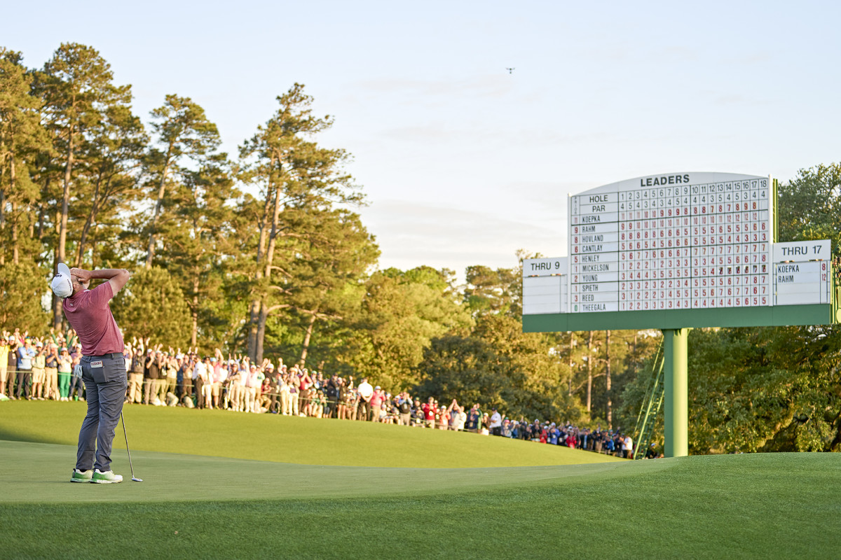 Jon Rahm exalts after winning the 2023 Masters.