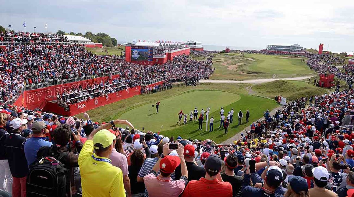 The first tee is shown at Whistling Straits during the 2021 Ryder Cup.