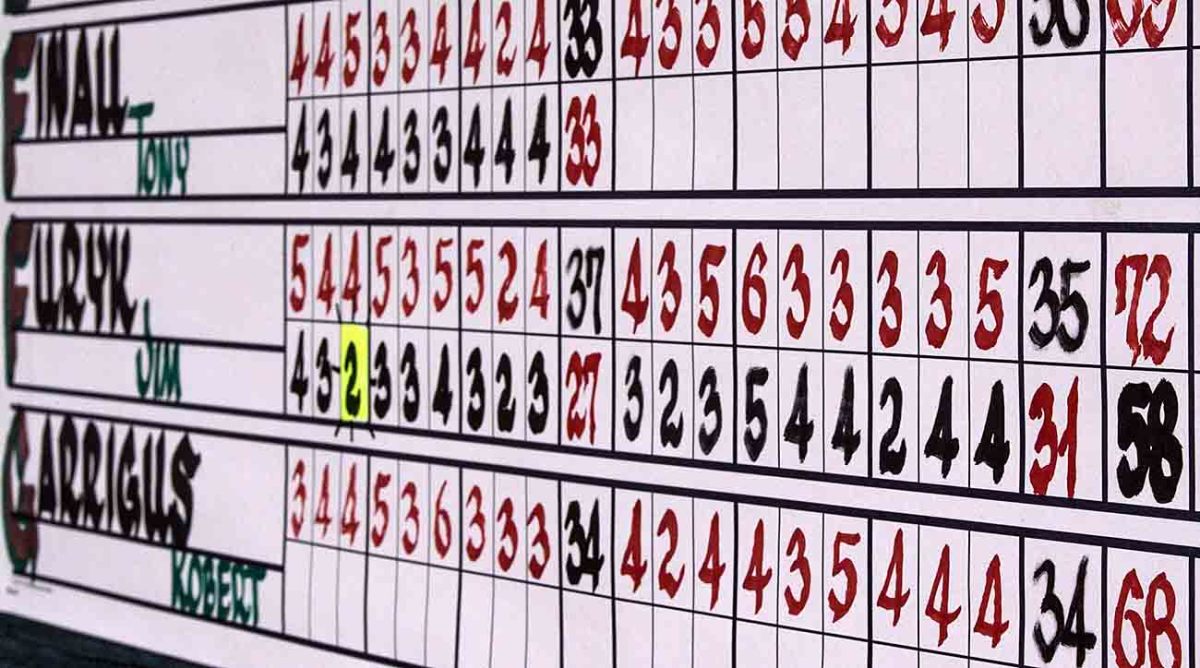 A scoreboard shows Jim Furyk's 58 at the 2016 Travelers Championship.