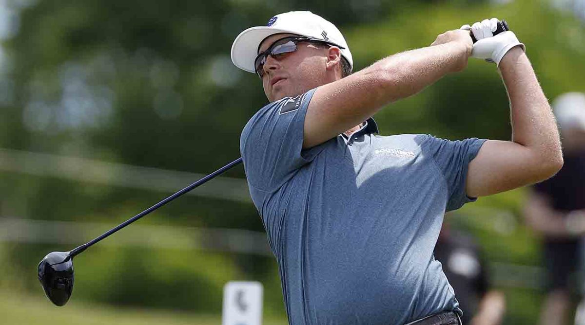 Andy Ogletree hits a tee shot during the 2023 LIV Golf Washington, D.C., golf tournament at Trump National.