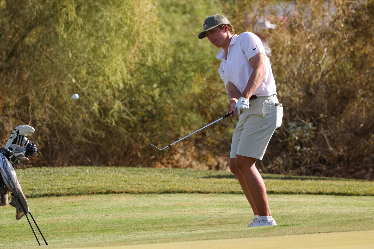 Gordon Sargent of the Vanderbilt Commodores chips on the green during the Division I Mens Golf Championship.