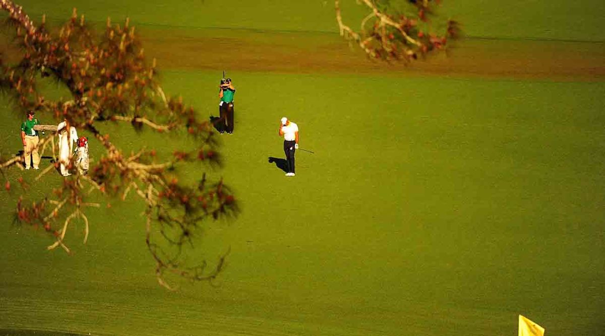 Tiger Woods is pictured after his ball rolled into the water at the 15th hole in the second round of the 2023 Masters.